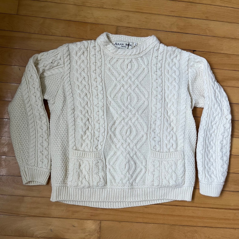 Aran Mor Ireland 100% Merino Wool Cable Knit Fisherman Sweater Cream Mens Large